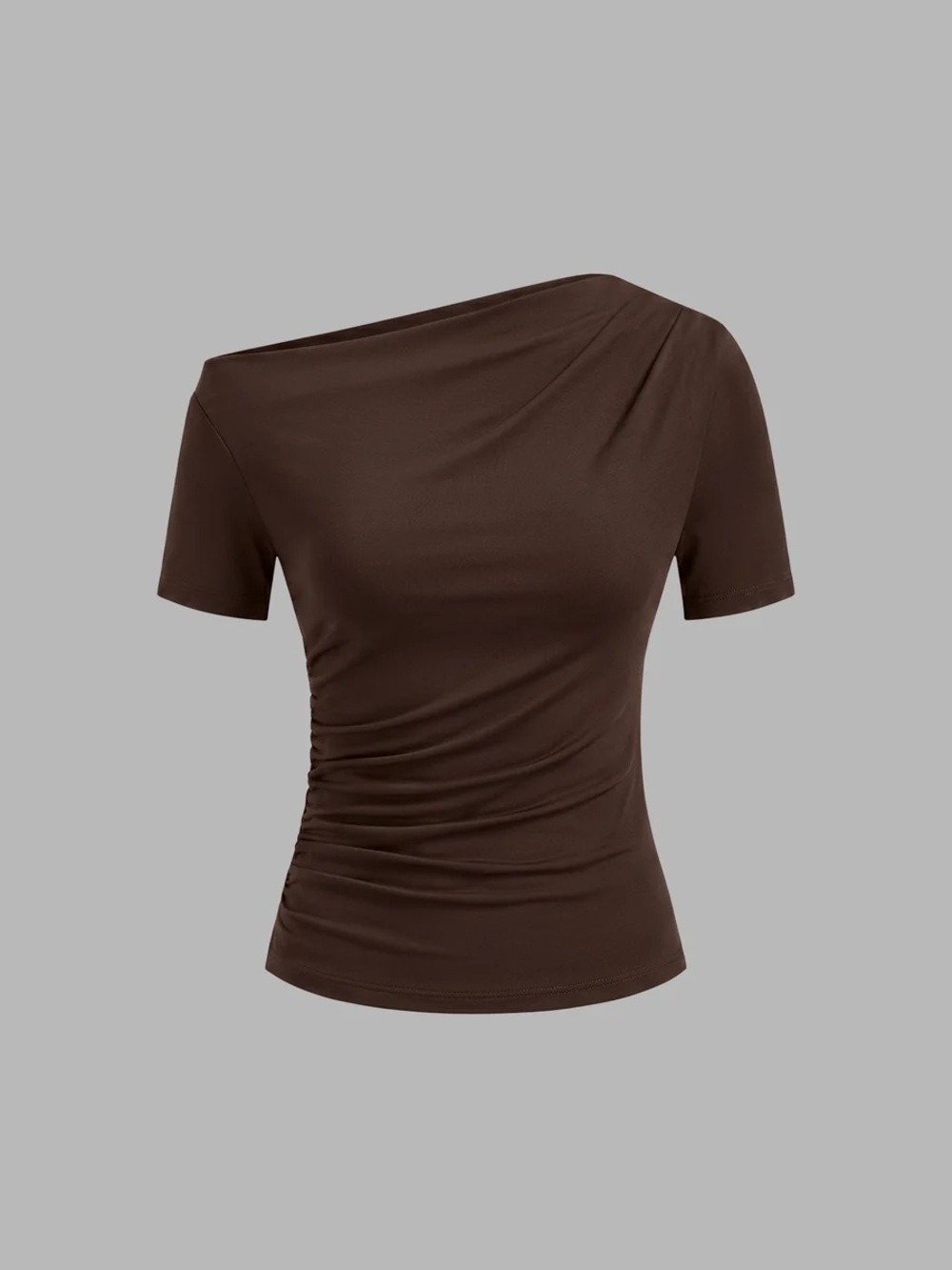 Commense Ruched Off Shoulder Slim Short Sleeve Top - Picture 2 of 9